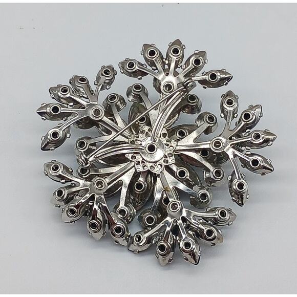 Amazing Bold Black Navette Prong Set Round Aurora Borealis Rhinestone Brooch Vtg - Picture 6 of 11